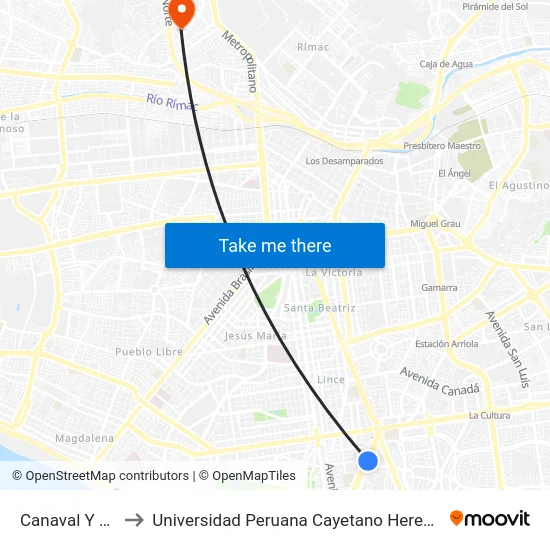 Canaval Y Moreyra to Universidad Peruana Cayetano Heredia - Campo Central map