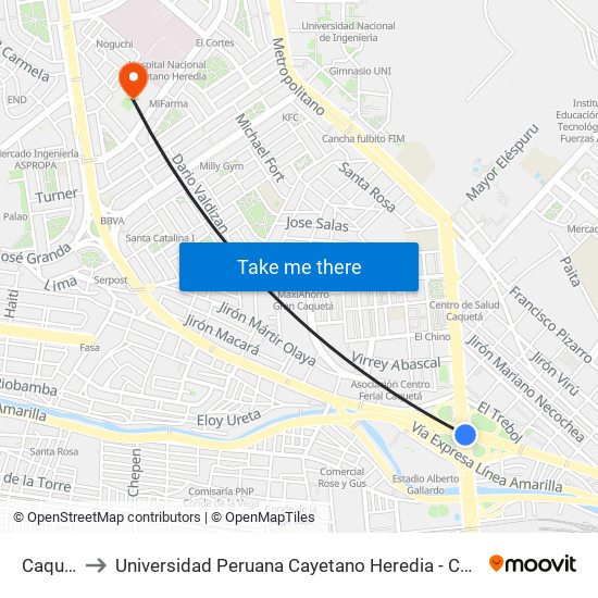 Caquetá to Universidad Peruana Cayetano Heredia - Campo Central map