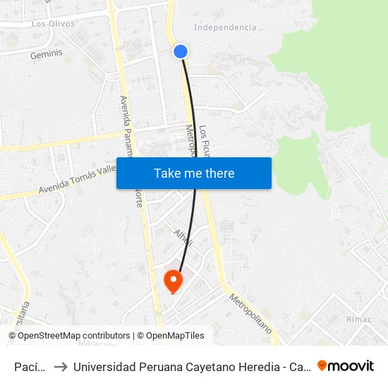 Pacífico to Universidad Peruana Cayetano Heredia - Campo Central map
