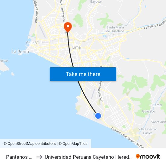 Pantanos De Villa to Universidad Peruana Cayetano Heredia - Campo Central map