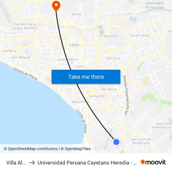 Villa Alegre to Universidad Peruana Cayetano Heredia - Campo Central map