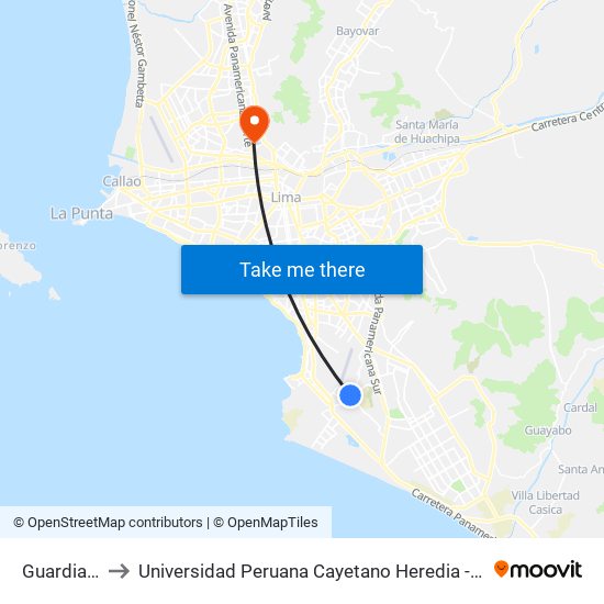 Guardia Civil to Universidad Peruana Cayetano Heredia - Campo Central map