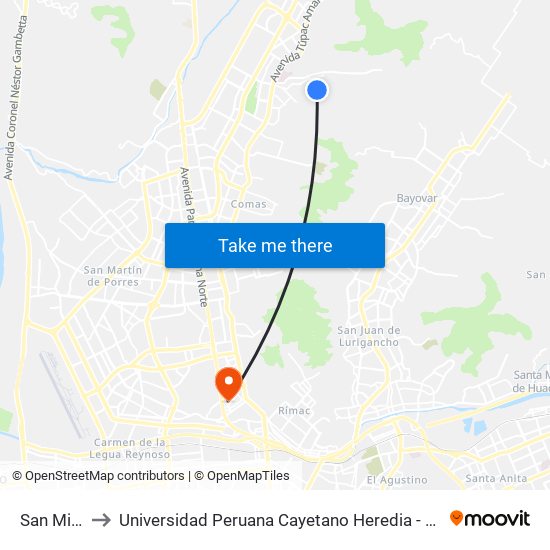 San Miguel to Universidad Peruana Cayetano Heredia - Campo Central map