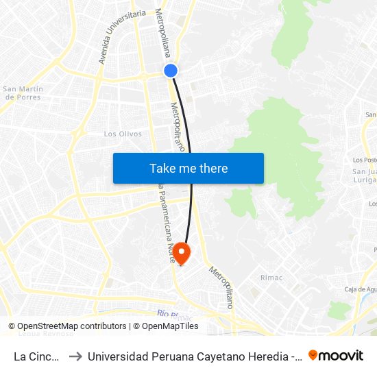 La Cincuenta to Universidad Peruana Cayetano Heredia - Campo Central map