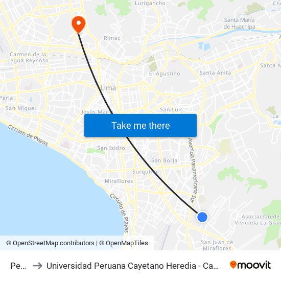 Pebal to Universidad Peruana Cayetano Heredia - Campo Central map