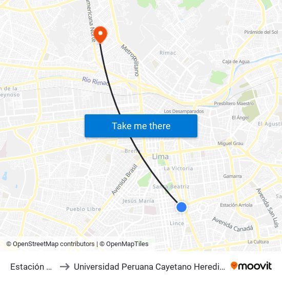 Estación México to Universidad Peruana Cayetano Heredia - Campo Central map