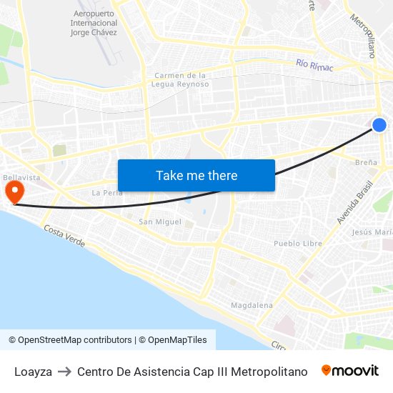 Loayza to Centro De Asistencia Cap III Metropolitano map