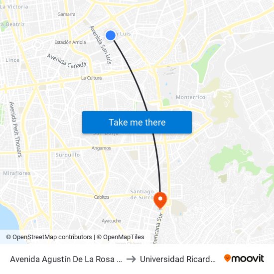 Avenida Agustín De La Rosa Toro, 424 to Universidad Ricardo Palma map