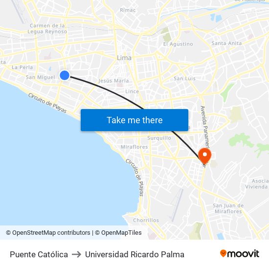Puente Católica to Universidad Ricardo Palma map