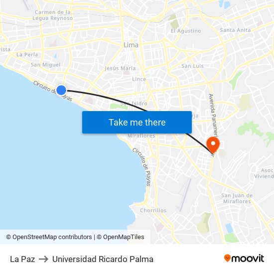 La Paz to Universidad Ricardo Palma map