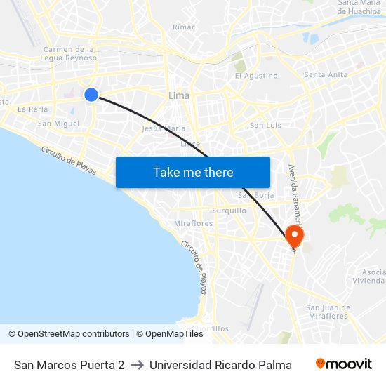 San Marcos Puerta 2 to Universidad Ricardo Palma map