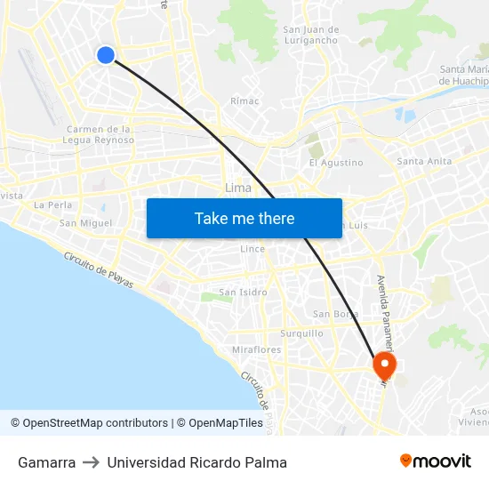 Gamarra to Universidad Ricardo Palma map