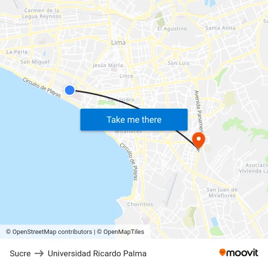 Sucre to Universidad Ricardo Palma map