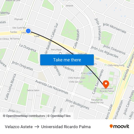 Velazco Astete to Universidad Ricardo Palma map