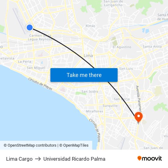 Lima Cargo to Universidad Ricardo Palma map