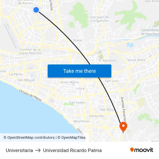 Universitaria to Universidad Ricardo Palma map