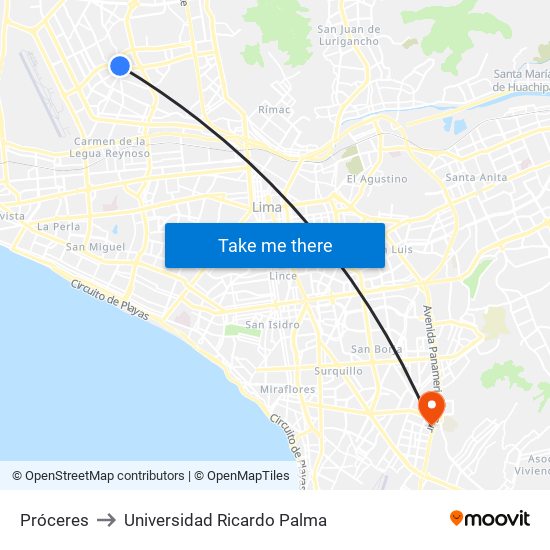 Próceres to Universidad Ricardo Palma map