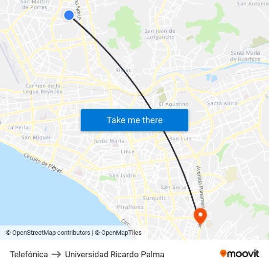 Telefónica to Universidad Ricardo Palma map