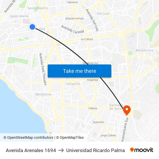 Avenida Arenales 1694 to Universidad Ricardo Palma map