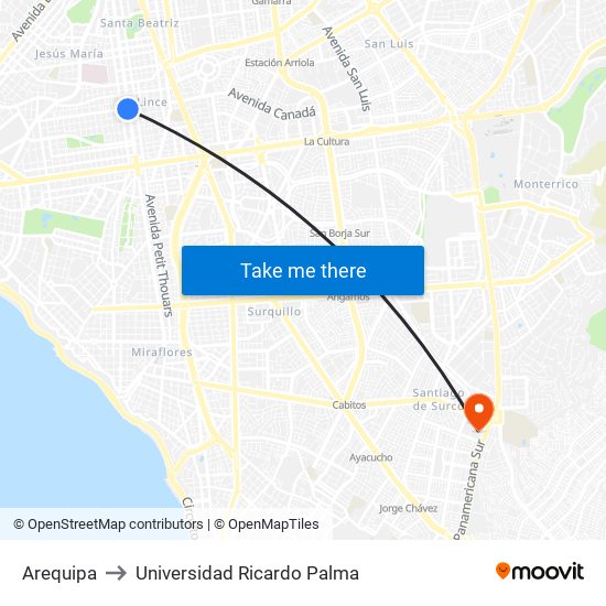Arequipa to Universidad Ricardo Palma map