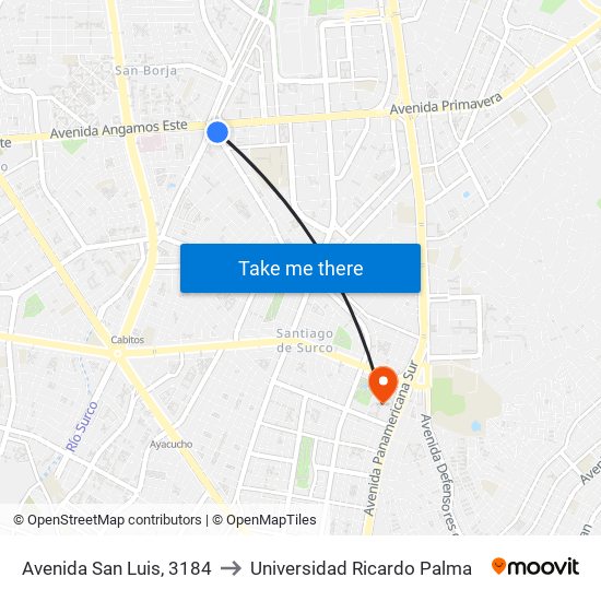 Avenida San Luis, 3184 to Universidad Ricardo Palma map