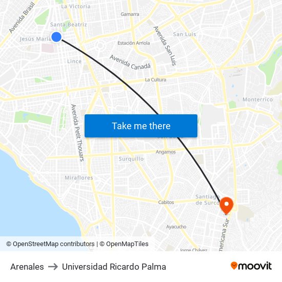 Arenales to Universidad Ricardo Palma map
