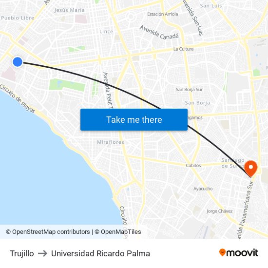 Trujillo to Universidad Ricardo Palma map