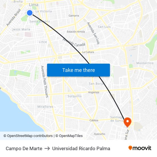 Campo De Marte to Universidad Ricardo Palma map