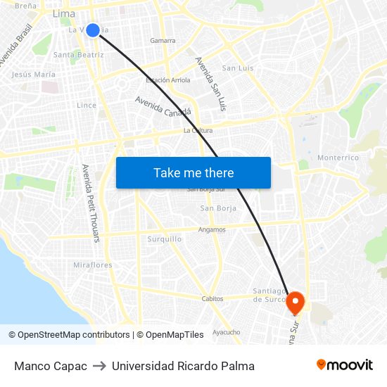 Manco Capac to Universidad Ricardo Palma map