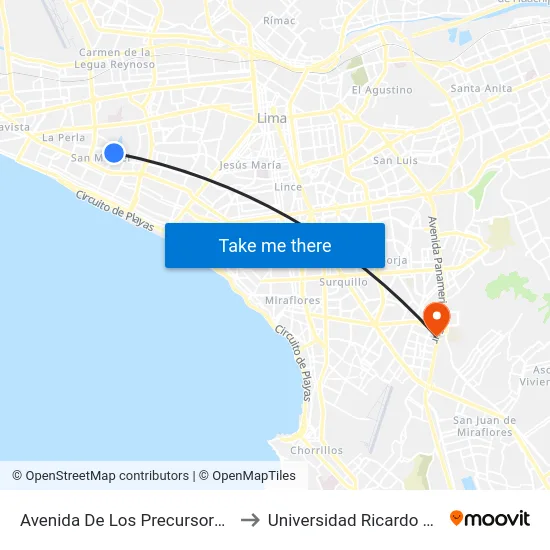 Avenida De Los Precursores, 317 to Universidad Ricardo Palma map