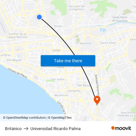 Británico to Universidad Ricardo Palma map