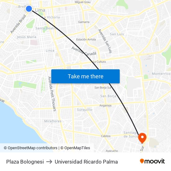 Plaza Bolognesi to Universidad Ricardo Palma map