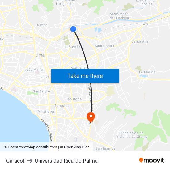Caracol to Universidad Ricardo Palma map