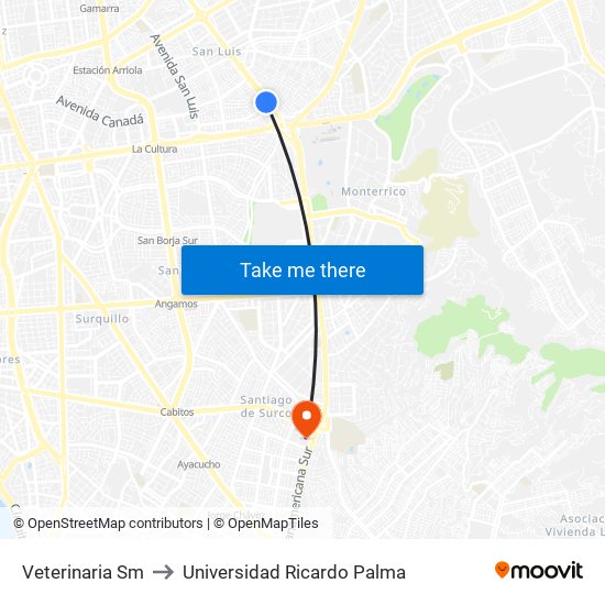 Veterinaria Sm to Universidad Ricardo Palma map