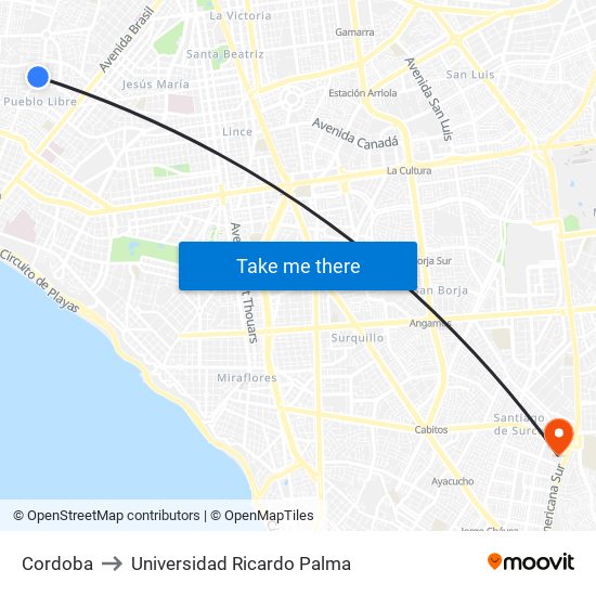 Cordoba to Universidad Ricardo Palma map