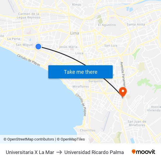 Universitaria X La Mar to Universidad Ricardo Palma map