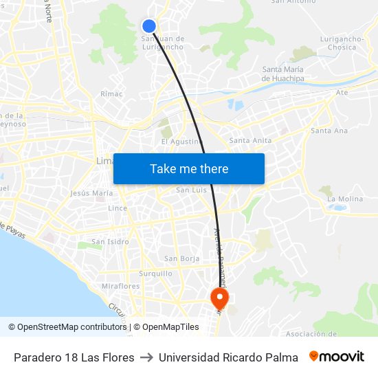 Paradero 18 Las Flores to Universidad Ricardo Palma map