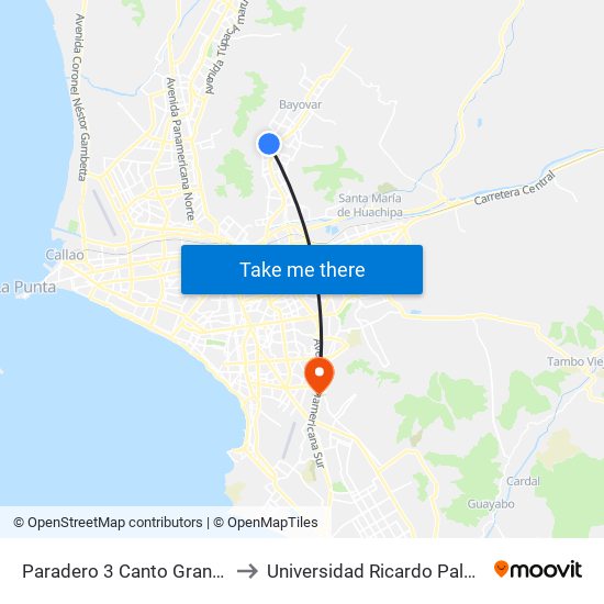 Paradero 3 Canto Grande to Universidad Ricardo Palma map