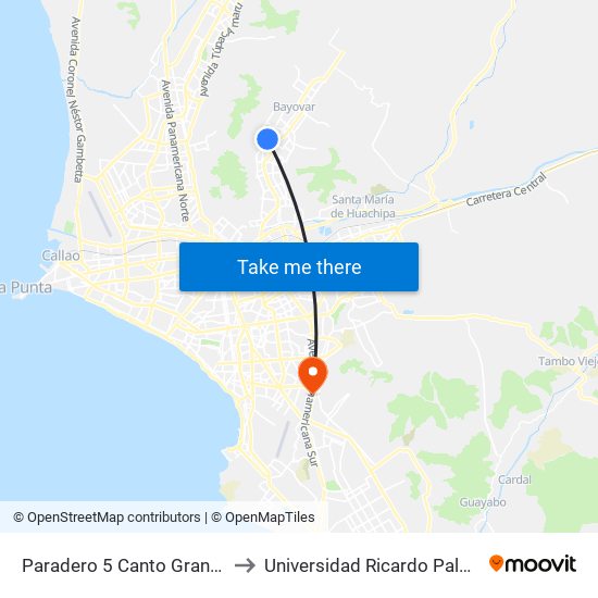 Paradero 5 Canto Grande to Universidad Ricardo Palma map
