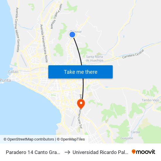 Paradero 14 Canto Grande to Universidad Ricardo Palma map