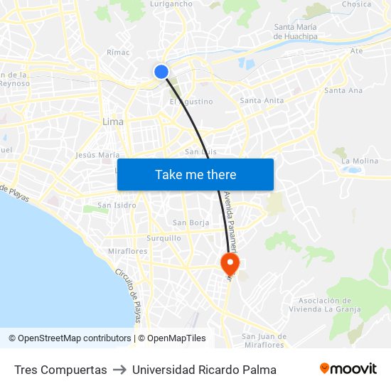 Tres Compuertas to Universidad Ricardo Palma map