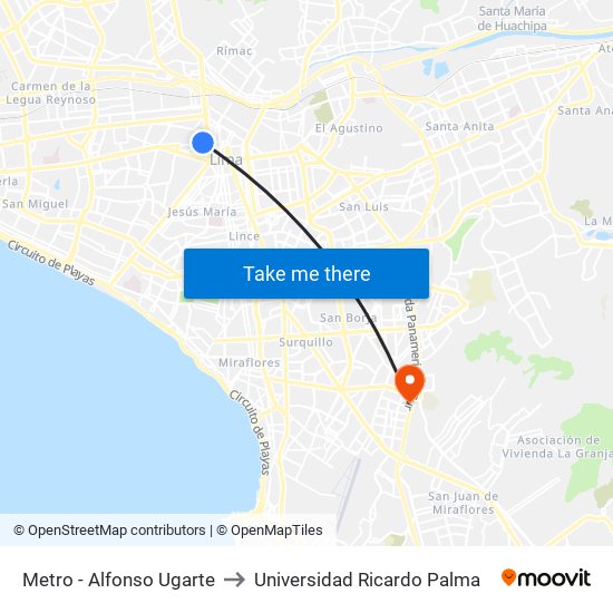 Metro - Alfonso Ugarte to Universidad Ricardo Palma map