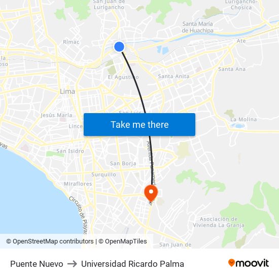 Puente Nuevo to Universidad Ricardo Palma map
