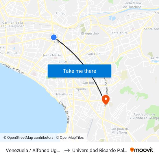 Venezuela / Alfonso Ugarte to Universidad Ricardo Palma map