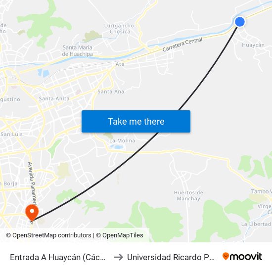 Entrada A Huaycán (Cáceres) to Universidad Ricardo Palma map