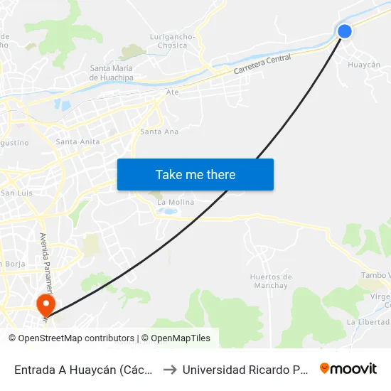 Entrada A Huaycán (Cáceres) to Universidad Ricardo Palma map