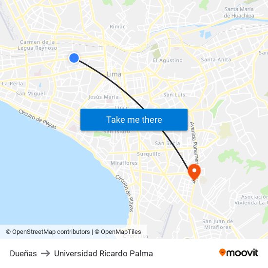Dueñas to Universidad Ricardo Palma map