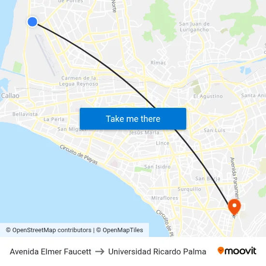 Avenida Elmer Faucett to Universidad Ricardo Palma map