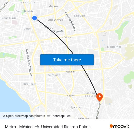 Metro - México to Universidad Ricardo Palma map