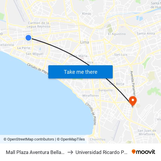 Mall Plaza Aventura Bellavista to Universidad Ricardo Palma map